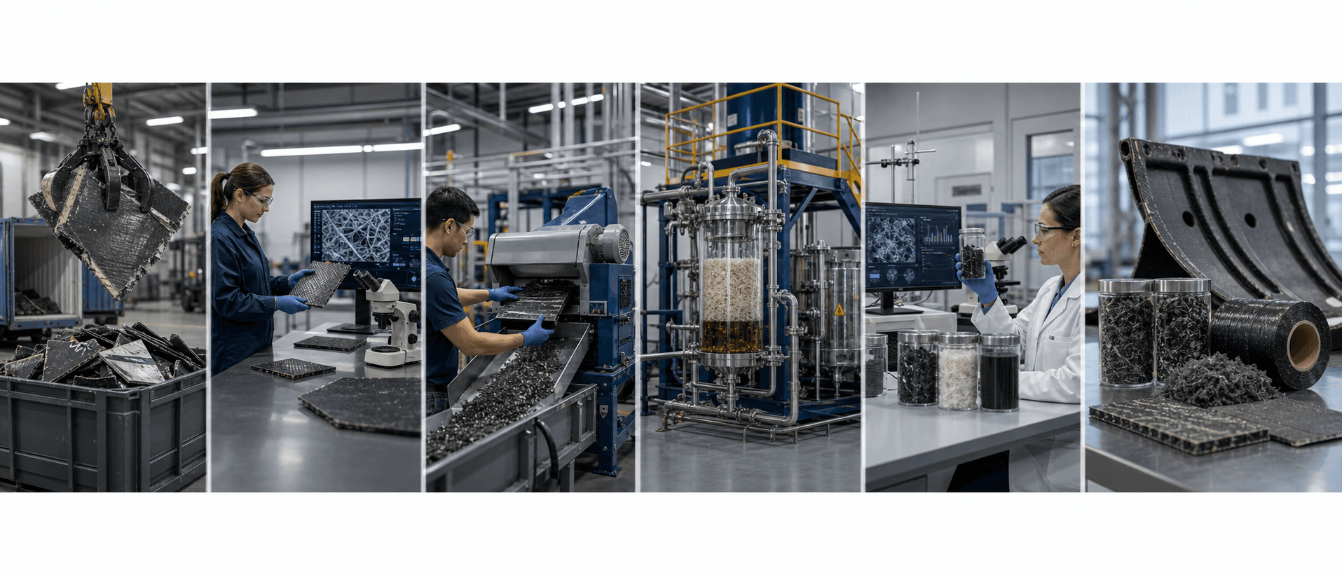 Six-step aerospace composite recovery workflow from collection to circular material development