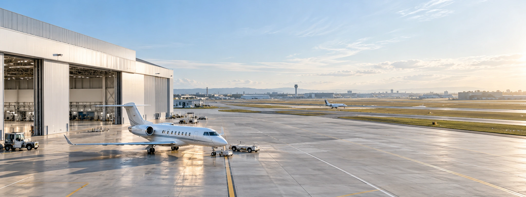 Business aircraft within a spacious airport operations environment
